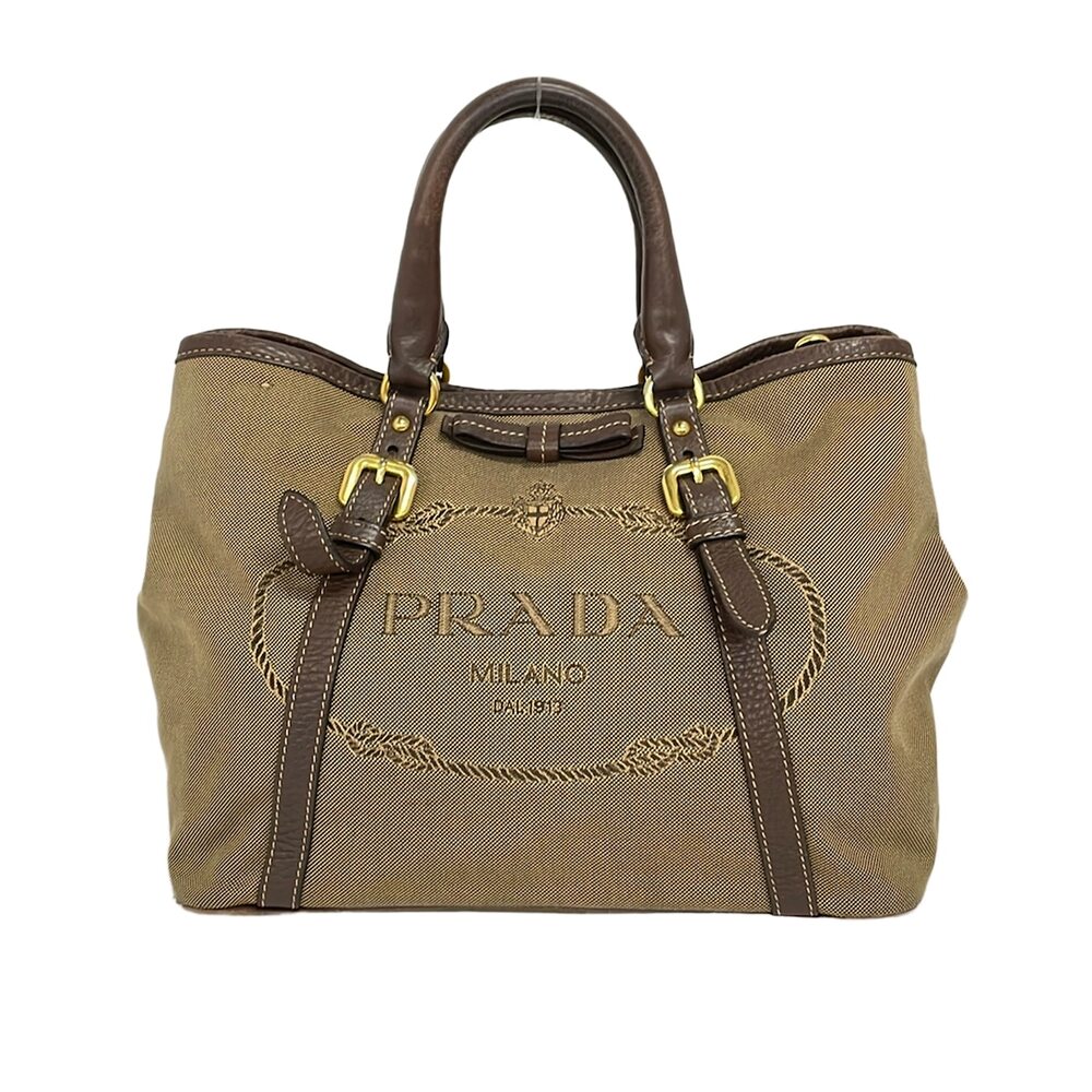 Prada Logo Jacquard Tote Bag Beige Dark Brown Jacquard Leather